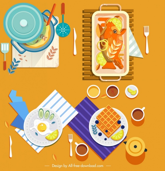 masakan lukisan ikon makanan klasik warna-warni desain datar