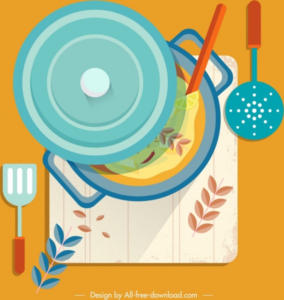 ภาพวาดเครื่องครัวไอคอนแบนสีสันอาหาร