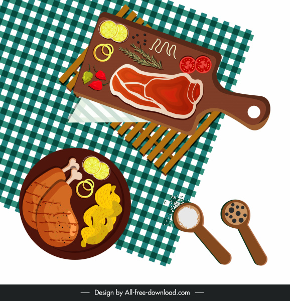 masakan latar belakang makanan persiapan bahan sketsa warna-warni datar