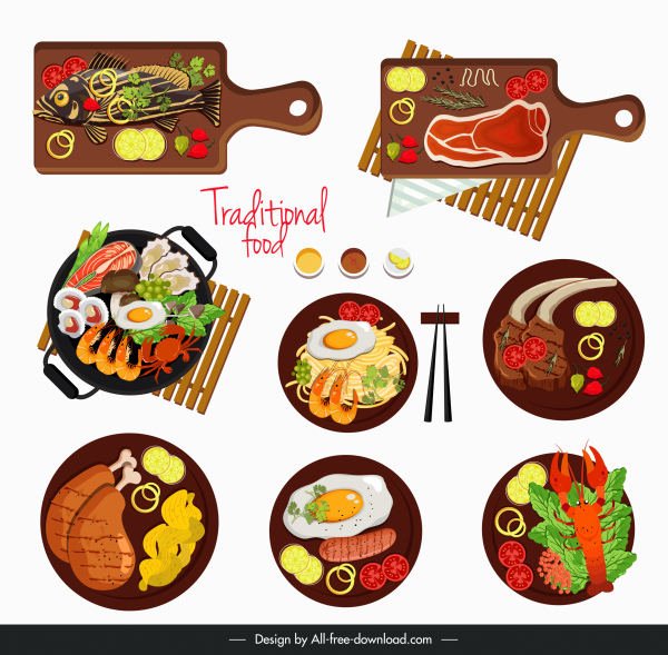 Kuchnie zestawy ikon kolorowy płaski szkic