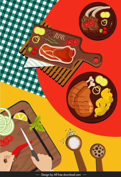 烹饪背景食品准备草图彩色平面素描