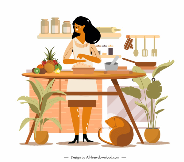 peinture culinaire femme au foyer cuisine croquis dessin animé conception