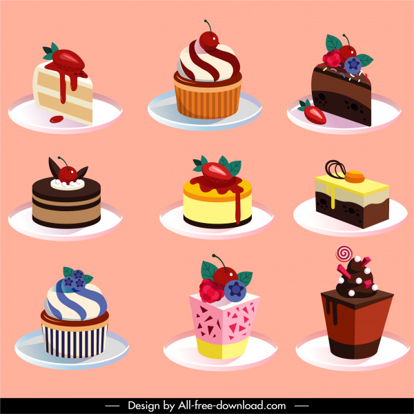 ícones do bolo de xícara moderna decoração colorida 3d esboço