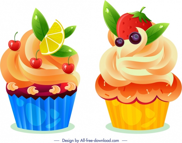 ícones de cupcake frutas frescas decoração design moderno