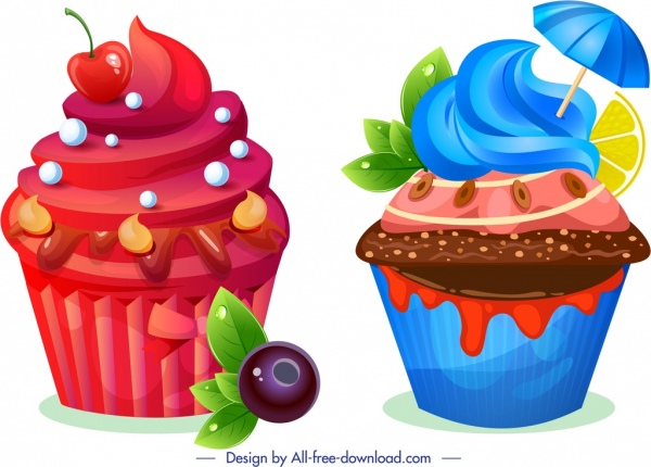 カップケーキのアイコン赤青チョコレートフルーツの装飾