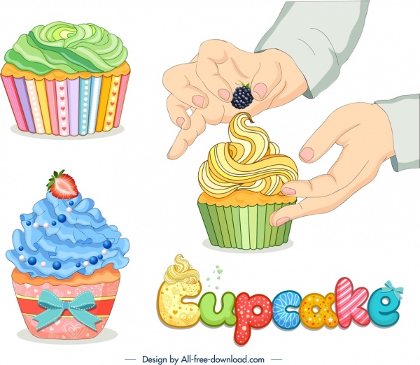 cupcakes publicité bannière nourriture main icônes décor