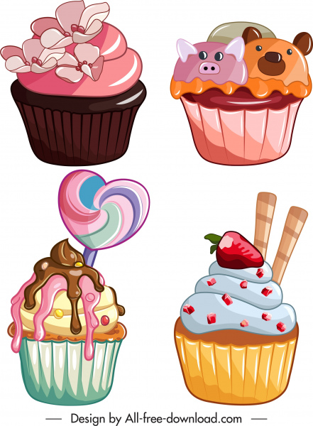 cupcakes biểu tượng kem hoa quả trang trí đầy màu sắc cổ điển