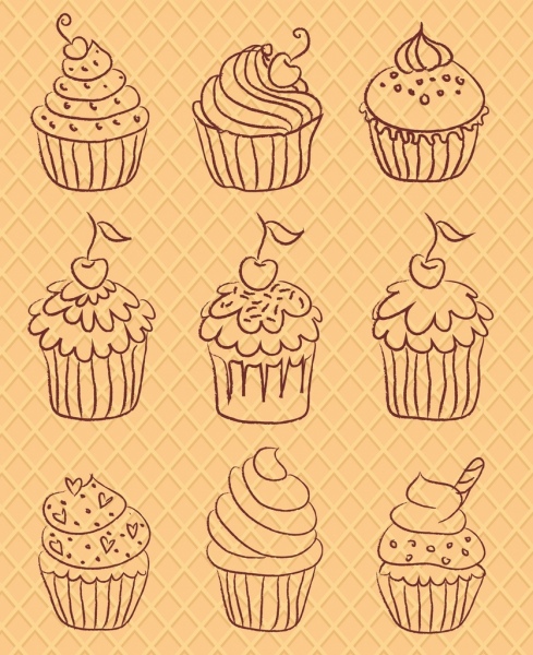 Cupcakes Symbole setzt verschiedene Formen Hand gezeichnete Skizze