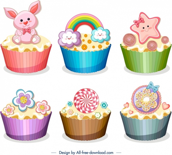 design moderno de bonito colorido decoração cupcakes de modelos ícones