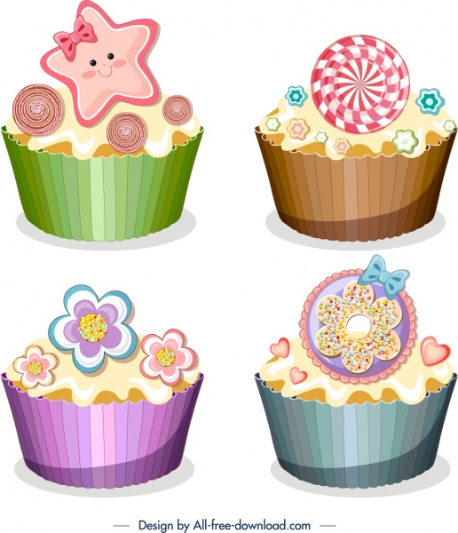 cupcakes ícones modelos brilhante colorida decoração moderna