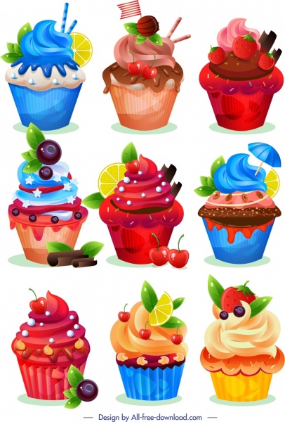 cupcakes mẫu bộ sưu tập đầy màu sắc trái cây sô cô la trang trí hiện đại