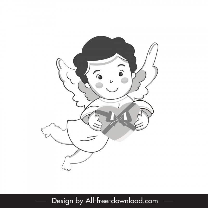 キューピッドアイコンかわいい翼のある少年手描きの黒白漫画のキャラクタースケッチ