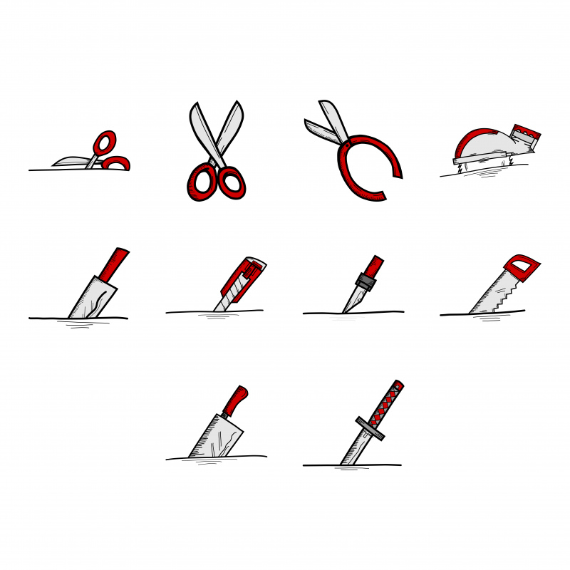 ferramentas de corte ícones define esboço clássico plano