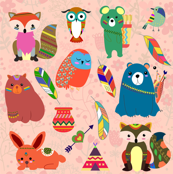 animaux de dessin animé mignon vector illustrations avec style indien
