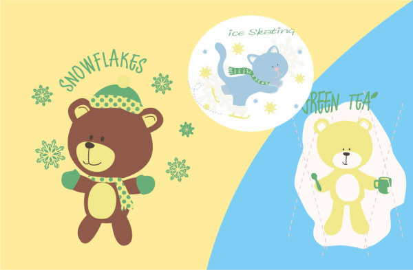 Urso bonito dos desenhos animados com vetor de flocos de neve