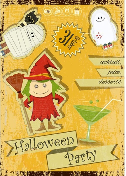 Cute Cartoon Girl In Witch Costume Halloween Retro Party Template