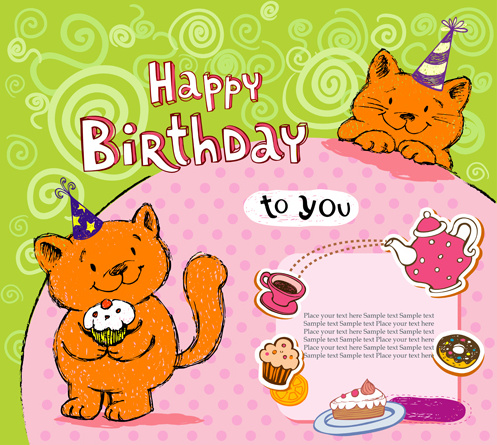 귀여운 고양이 생일 카드 창조적인 벡터