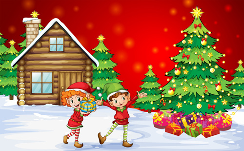 niedliche Kinder und Weihnachtsbaum Vektor