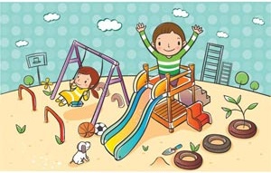 enfants cute cartoon clipart jouant au soleil parc paysage est souriant oiseaux volent agréable jardin vector illustration d’enfants