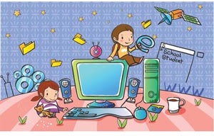 Cute enfants jouant avec des accessoires d’ordinateurs vectoriels beau fond d’écran kids illustration