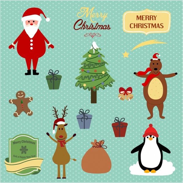 santa, Ren geyiği, ayı ve penguen sevimli Noel arka plan