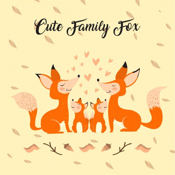 可爱的狐狸家族绘制彩色卡通设计