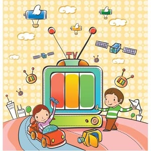 Cute Girl Given A Presentation To Boy On Television Vector Kids Illustration