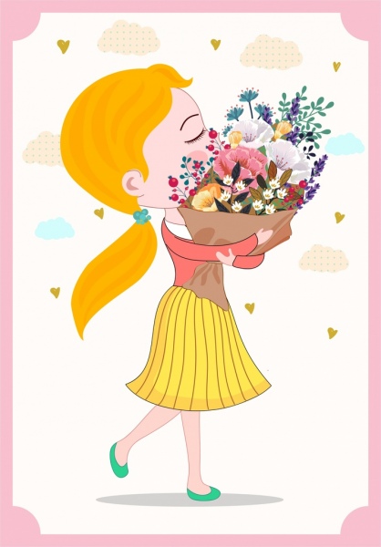 花ブーケの装飾の漫画のキャラクターを描くかわいい女の子