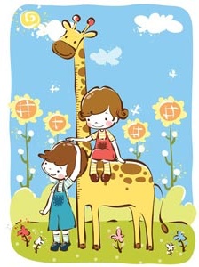 niedlichen Kinder spielen im Zoo ein Mädchen sitzt auf Giraffe Vektor