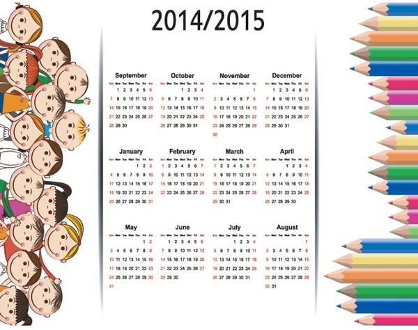 可愛的孩子與彩色鉛筆頁 border15 向量日曆範本