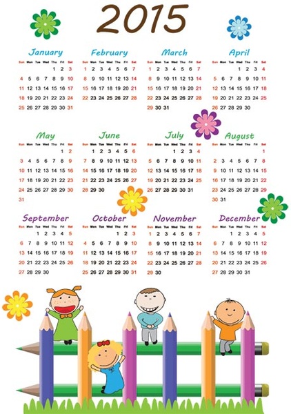 niños lindos con calendario de vector colorido pencil15