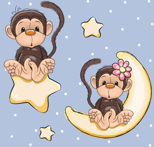 Scimmia sveglia con stelle e vettore della luna