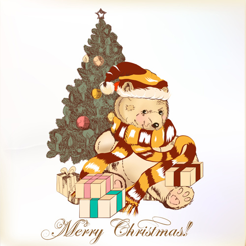 เวกเตอร์ที่ต้นคริสต์มาสและตุ๊กตาหมีน่ารัก