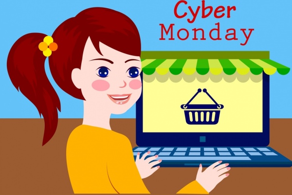 Cyber Monday anuncio chica laptop icono