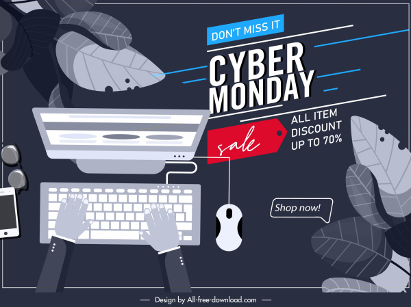 Cartel del Cyber Monday Decoración gris oscuro Boceto de comercio electrónico