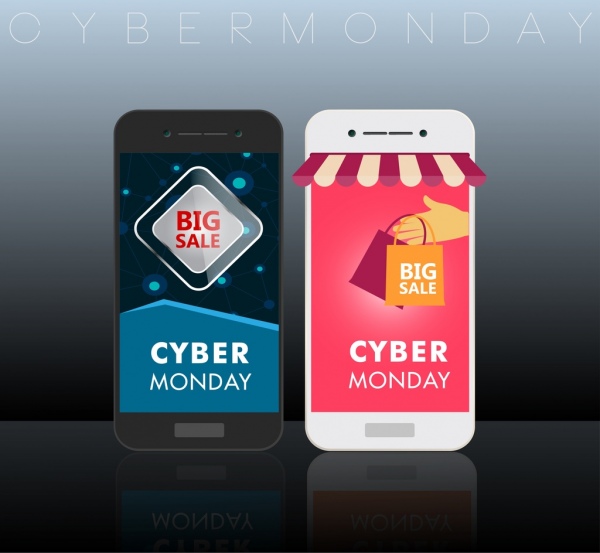 Cyber понедельник продаж баннер смарт-телефон иконки орнамент