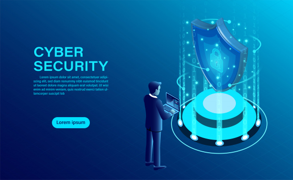 bandera del concepto de seguridad cibernética con el hombre de negocios proteger los datos y la confidencialidad y el concepto de protección de la pri