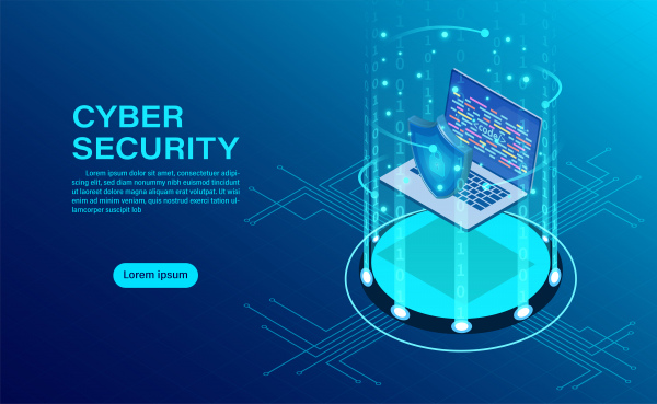 ビジネスマンとサイバーセキュリティコンセプトバナーは、シールドのアイコンとロックフラットアイソメトリカルイラストでデータと機密性とデータプライバシー保護コンセプトを保護します