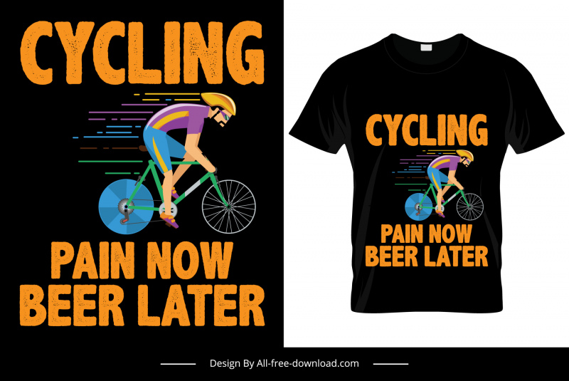 bisiklet ağrısı şimdi bira daha sonra tişört şablonu dinamik düz karikatür bisikletçi eskiz