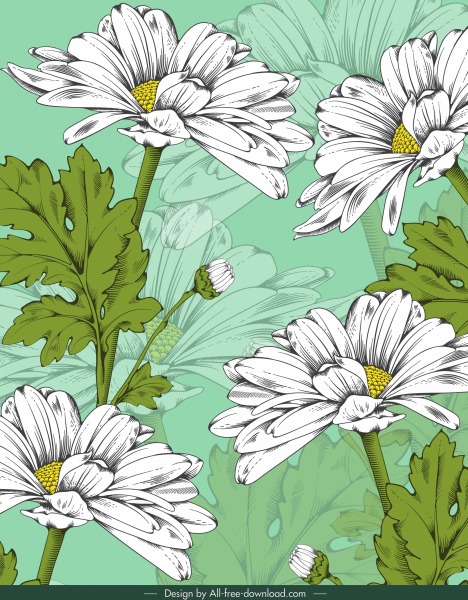 handdrawn ภาพวาดดอกไม้เดซี่คลาสสิกออกแบบเบลอ