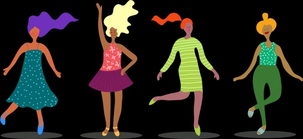 танцующих персонажей мультфильма значки женщина эскиз красочный дизайн