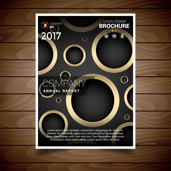 plantilla de diseño de folleto de agujero circular oscuro y oro