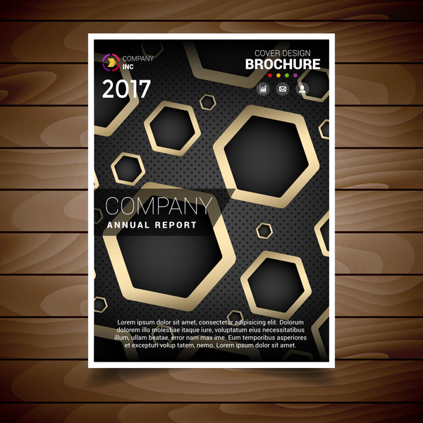 plantilla de diseño de folleto de oro y oscuro agujero hexagonal