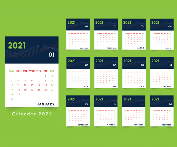 calendario azul oscuro para el año nuevo 2021