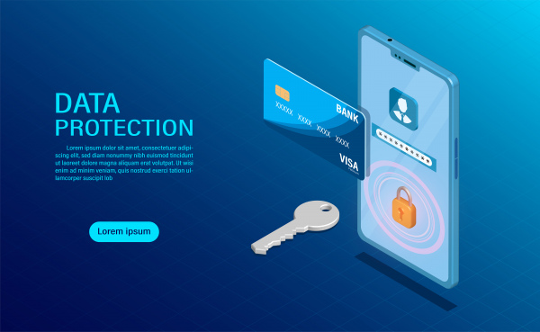 データ保護コンセプトは、高セキュリティフラットアイソメトリックイラストでデータファイナンスと機密性を保護
