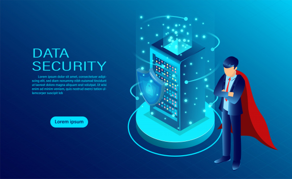 資料安全概念橫幅與英雄保護資料和機密性和資料隱私保護概念與盾牌圖示和鎖平等軸測向量插圖