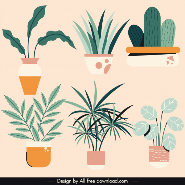 ícones de plantas de casa decoradas colorido esboço vintage plano