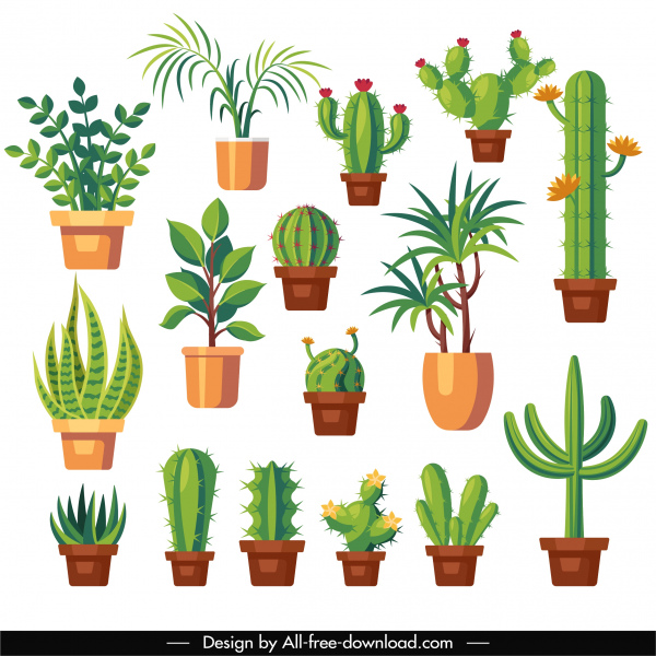 ícones de plantas decoradas cactus árvores esboçam clássico plano