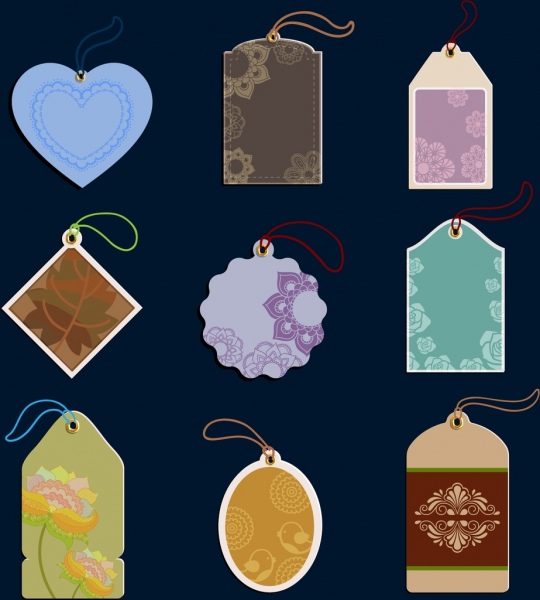 Colección de diversas formas de aislamiento multicolor decorado tags