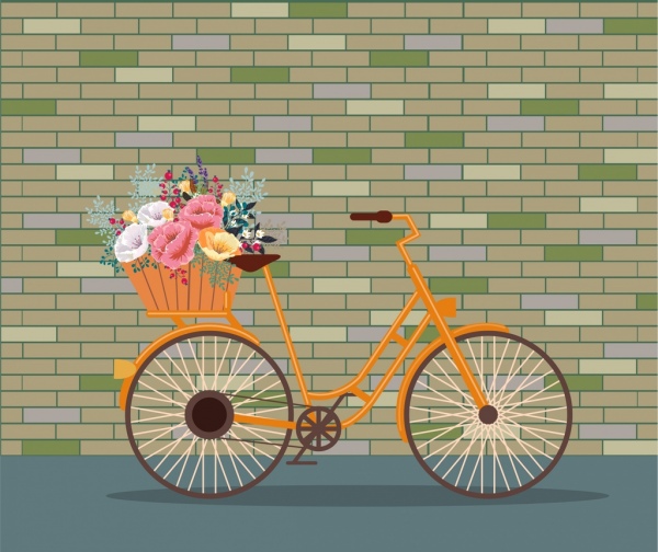 장식적인 배경, 자전거, 꽃들, 바구니, 아이콘들, 고전, 장식
